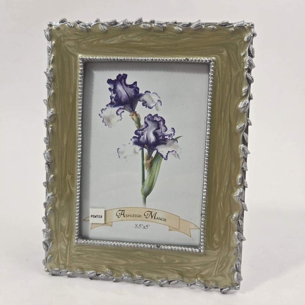 Ashleigh Manor Wisteria Pewter Picture Frame 3.5x5 Green Enamel Leaf Border